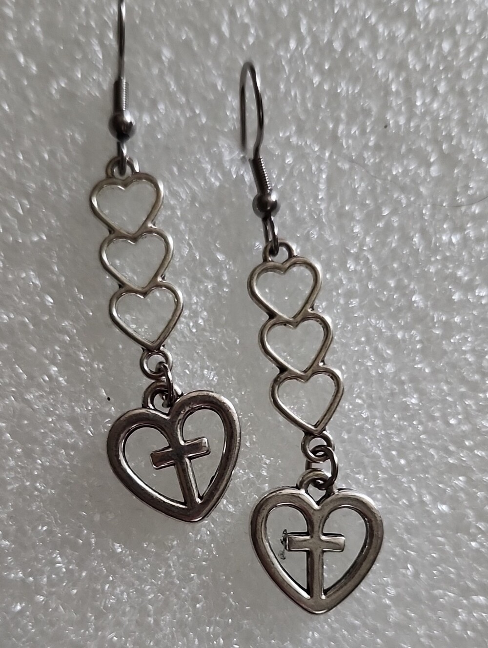 Hand Crafted Silver Heart Cross Drop Earrings